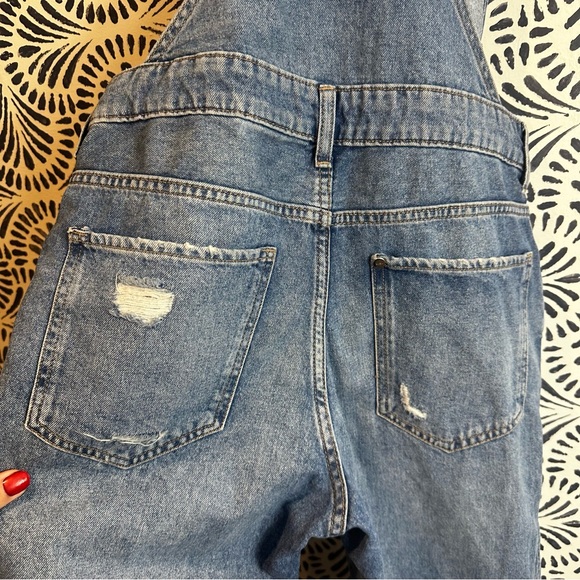 H&M Denim Jean Button Side Cotton Distressed Overalls - Picture 4 of 15